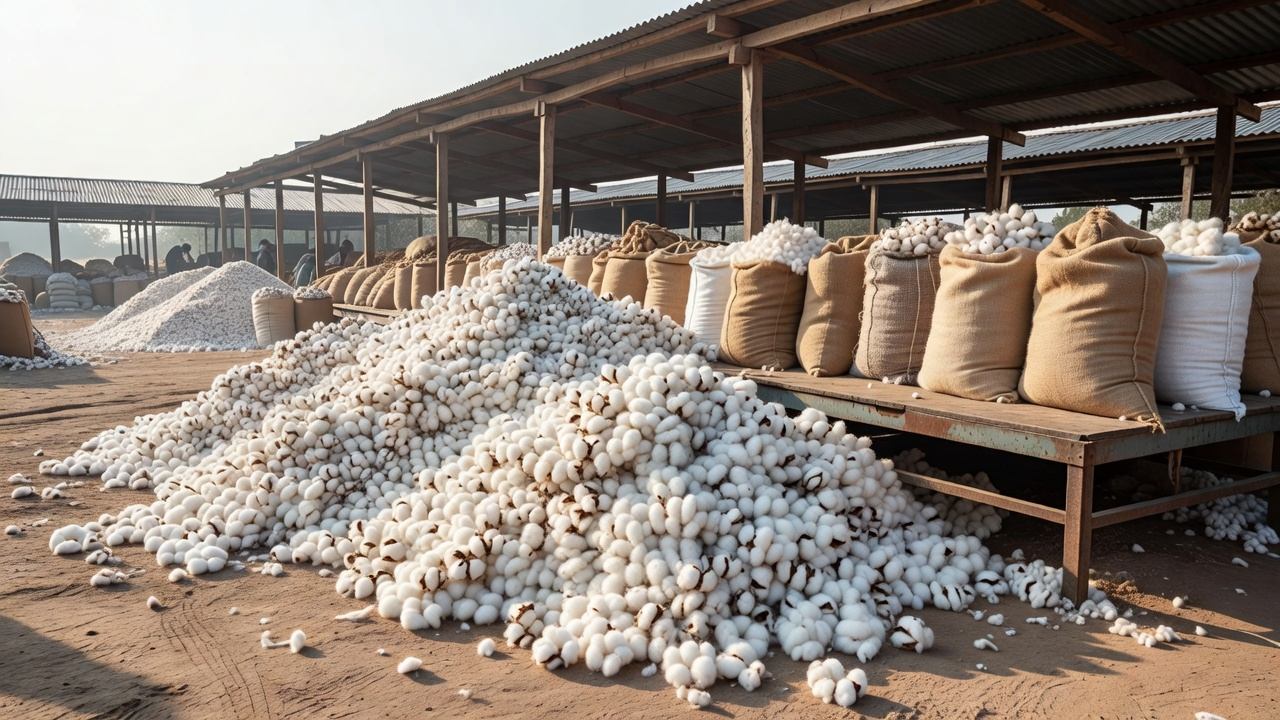 Seed cotton heaped at a procurement yard with weighing equipment and farmers' sacks lined up