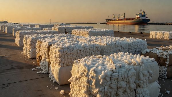 Baled raw cotton stacked on a dockside with a cargo ship and cranes in the background