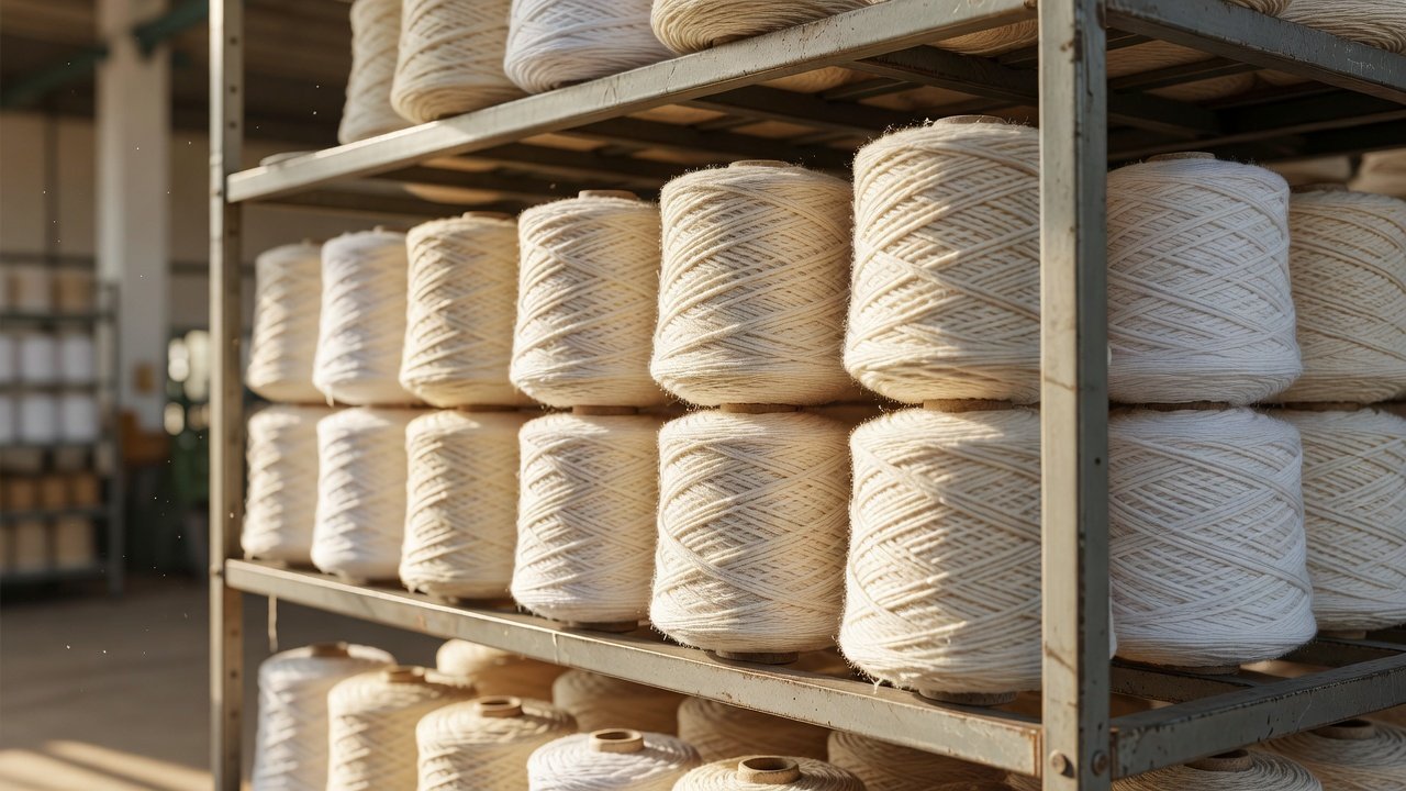 Cones of coarse cotton yarn stacked on a warehouse rack ready for dispatch to weavers