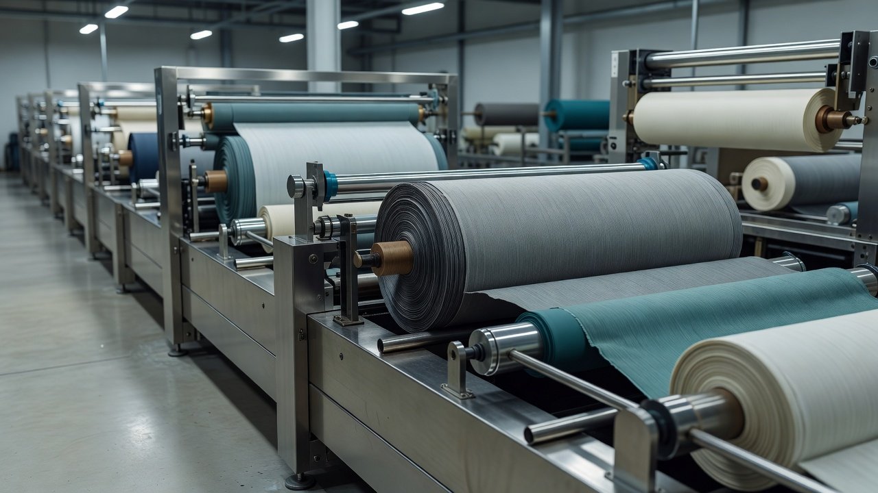 Rolls of synthetic technical fabric on a finishing line inside a modern textile plant