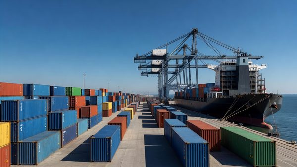 Stacked shipping containers at a port terminal with a cargo vessel moored alongside